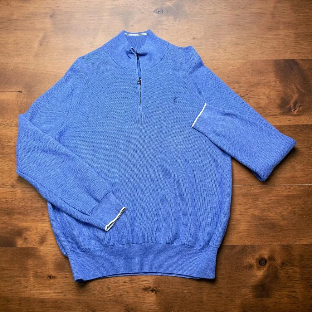 Polo Ralph Lauren Blue Pima Cotton Quarter Zip Sweater Mens XL Pony‎ Logo